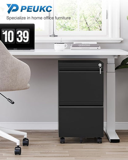 2 Drawer File Cabinet with Lock, Metal Under Desk Rolling Filing Cabinet fits Letter/Legal/A4 Size for Home Office, Mobile Filing Cabinets, Assemble Required, Black