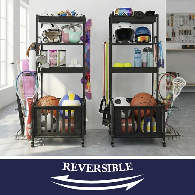 Sports Equipment Organizer, Ball Storage Rack for Garage, 4-Tier Indoor/Outdoor Rolling Ball Carts with Wheels for Toy Sports Gear Storage, Black