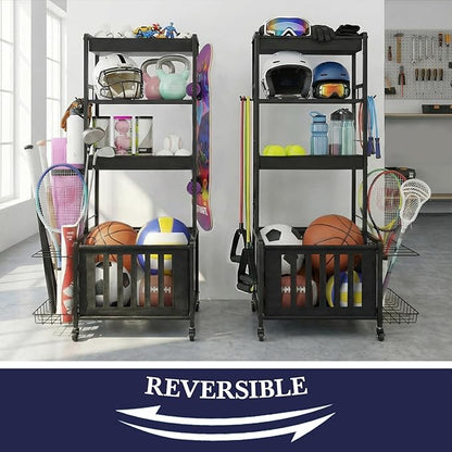 Sports Equipment Organizer, Ball Storage Rack for Garage, 4-Tier Indoor/Outdoor Rolling Ball Carts with Wheels for Toy Sports Gear Storage, Black