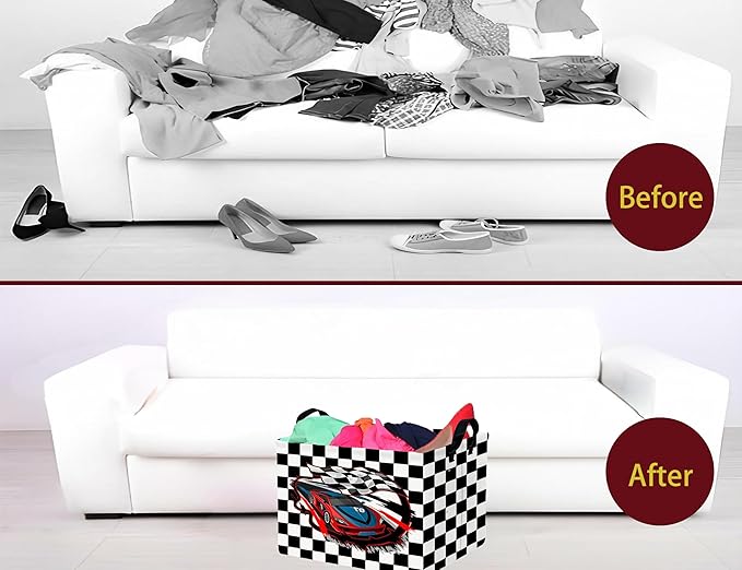 Large Boys Checkered Basket Canvas Kids Toy Storage Bin Nursery Baby Organizing Decor (Check Racing Car)
