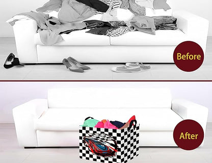 Large Boys Checkered Basket Canvas Kids Toy Storage Bin Nursery Baby Organizing Decor (Check Racing Car)