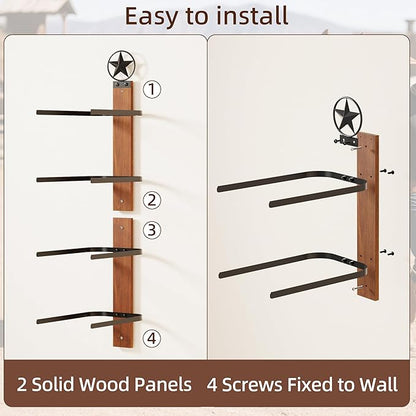 Cowboy Hat Rack for Wall – 2-Piece Western Hat Holder, Rustic Wooden & Metal Wall Mounted Cowboy Hat Organizer, Holds up to 4 Hats, Cowboy Room Decor & Storage Display Rack