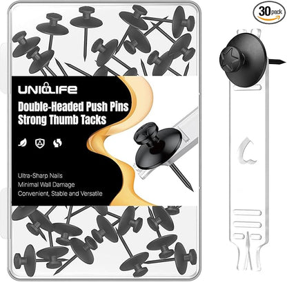 Uniclife 30 Pcs Push Pins for Wall, Double Headed Thumb Tacks, Picture Hangers, Metal Thumbtacks, Picture Hanging Nails Wall Hooks for Art, Photo Frame, Tapestry & Decor, Black