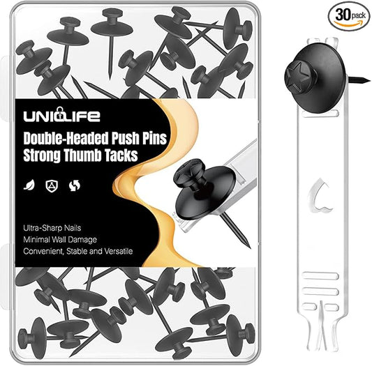 Uniclife 30 Pcs Push Pins for Wall, Double Headed Thumb Tacks, Picture Hangers, Metal Thumbtacks, Picture Hanging Nails Wall Hooks for Art, Photo Frame, Tapestry & Decor, Black