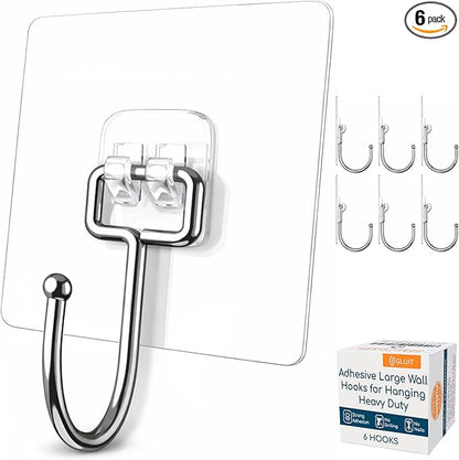 GLUIT Adhesive Large Wall Hooks for Hanging Heavy Duty 22 lbs Hooks for Walls No Drill, Towel Sticky Clear Hooks, Waterproof, Home, Bathroom, Kitchen, Office, and Outdoor 6 Pack