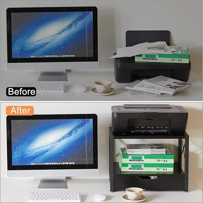 IBUYKE 2 Tier Desktop Printer Stand,Multi-Purpose Desk Organizer,Wooden Printer Stand with Drawer Storage for Folders,Books,for Fax Machine, Scanner,Home Office,Black TLJ006B