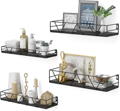 Floating Shelves Set of 4, Home Wood Wall Shelf, Farmhouse Shelf for Bedroom, Wall Mounted Floating Shelf for Living Room, Bedroom, Bathroom, Kitchen, Office (Black)