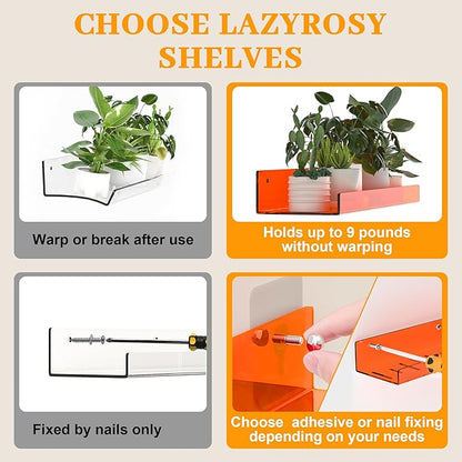 2 Pack Floating Shelves– 15'' Orange Acrylic/PET Wall-Mounted No Drill Storage with Adhesive, Bathroom & Bedroom Shelving for Kitchen, Living Room, Home Decor