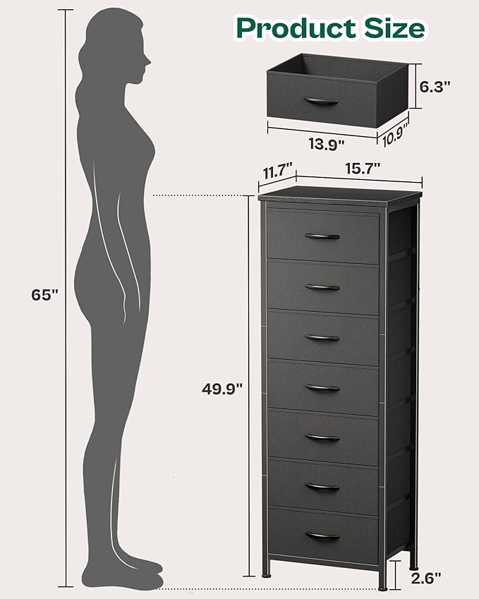 Huuger Tall Dresser for Bedroom, 7 Drawer Dresser & Chests of Drawers, Fabric Drawers for Closet, Bedroom, Night Stand, Metal Frame, Storage Tower with Fabric Bins, Black