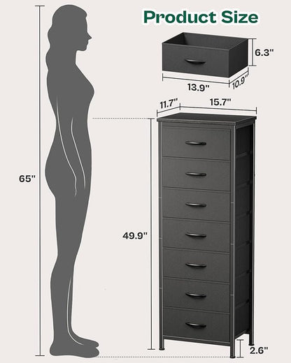 Huuger Tall Dresser for Bedroom, 7 Drawer Dresser & Chests of Drawers, Fabric Drawers for Closet, Bedroom, Night Stand, Metal Frame, Storage Tower with Fabric Bins, Black