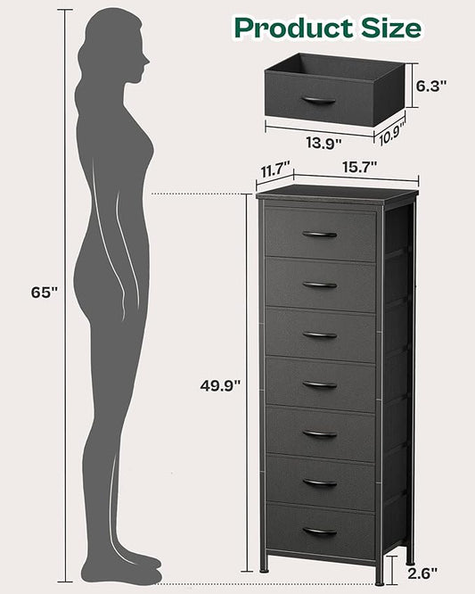 Huuger Tall Dresser for Bedroom, 7 Drawer Dresser & Chests of Drawers, Fabric Drawers for Closet, Bedroom, Night Stand, Metal Frame, Storage Tower with Fabric Bins, Black