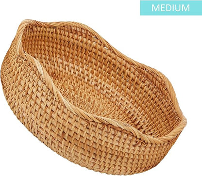 Natural Rattan Round Fruit Basket Bowls, Hand Woven Decor Serving Baskets, Wicker Storage for Dinning Room (Wave-Medium) ＜9''(D) X3.3(H) X9''(W)＞