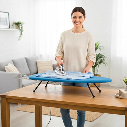 Metal Mesh Panel Tabletop Ironing Board | Foldable Iron Board | Heavy Duty Small Iron Board with Heat Resistant Cover and 100% Cotton 8mm Thicken Pad (Blue)