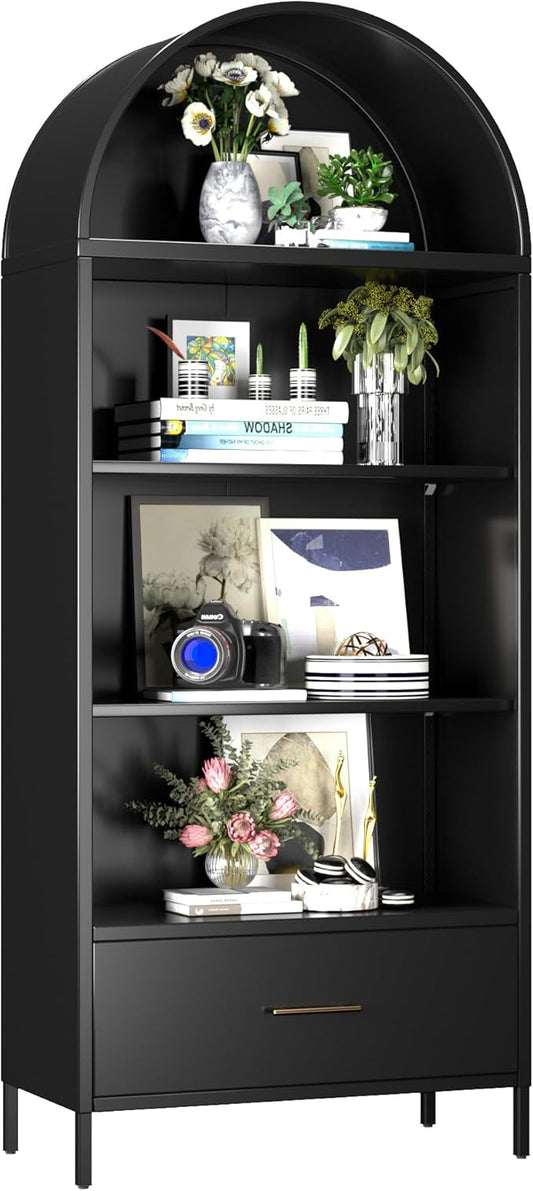 Metal Arched Bookcase Cabinet with 2 Adjustable Shelf, Black Arched Bookshelf with Drawer for Home Office Living Room,Required Assembly