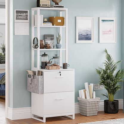 Itaar 2 Drawer File Cabinet, Filing Cabinet with Lock fits Letter, Legal, A4 Size, File Cabinets for Home Office with Storage Bag, Open Shelf and Hook, White