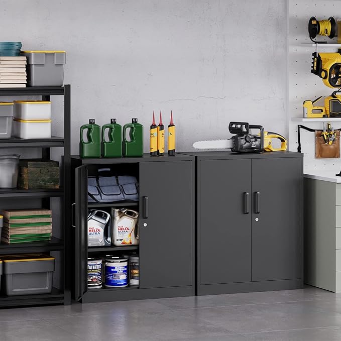 MIIIKO Metal Storage Cabinet with Locking Doors, 2-Door Storage Locker with 2 Shelves, Black Metal Cabinet with Lock for Home Office, Garage, Utility Room, Kitchen and School