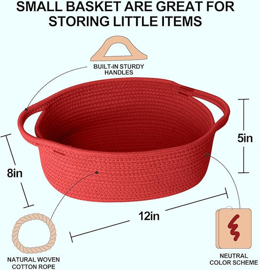 Small Woven Gift Basket, Baskets for Gifts Empty, Cotton Rope Cat Dog Toy Box, Nursery Baby Bin, Wicker Basket with Handles, Shelf Storage and Home Decor, Red, 12"x 8"x 5"