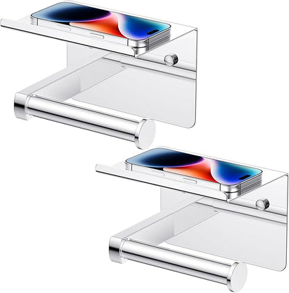 Toilet Paper Holder with Shelf, Adhesive or Screw Wall Mount Toilet Paper Roll Holder for Bathroom, Rustproof 304 Stainless Steel Toilet Roll Tissue Holder Dispenser with Phone Shelf (2, Chrome)