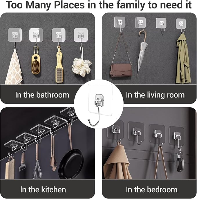 Large Adhesive Hooks, 18-Pack Hold 44lb(Max) Heavy Duty Sticky Hooks,Waterproof & Rustproof Wall Hook for Hanging Can be Use Kitchen Bathroom Outdoor Ceiling Office, Transparent