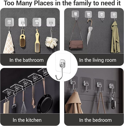 Large Adhesive Hooks, 18-Pack Hold 44lb(Max) Heavy Duty Sticky Hooks,Waterproof & Rustproof Wall Hook for Hanging Can be Use Kitchen Bathroom Outdoor Ceiling Office, Transparent