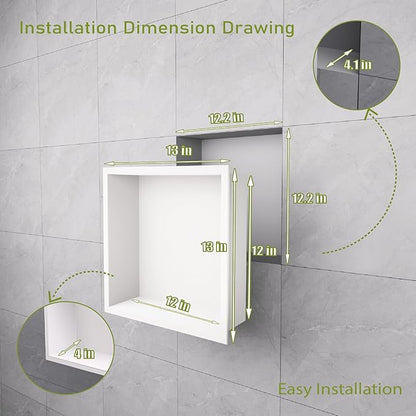 Stainless Steel Shower Niche 12"x12"，Shower Inserts Kit for Bathroom ， Recessed Shower Shelf Organizer for Storage Matte White （12"x12"）