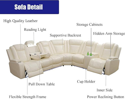 Leather Power Recliner Sectional Sofa, Creamy White Power Recliner Sofa for Living Room, Leather Reclining Sectional Sets, Recliner Loveseat Sets, Cup Holders, Hidden Storage for Home/Office