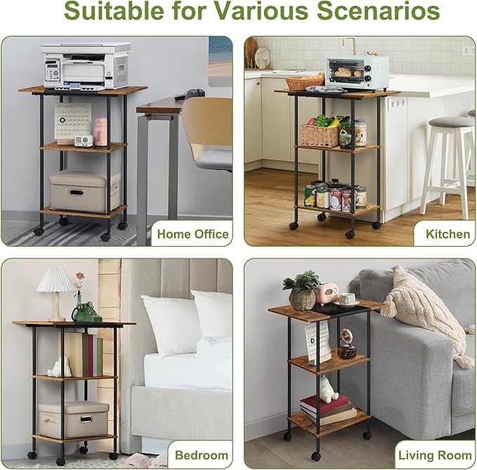 Shinoske Printer Stand with Storage,3 Tier Large Printer Table with Wheels for Home Office,Rolling Cart with Storage Shelf,for 3D Printer,Scanner Fax,Shredder,Rustic Brown