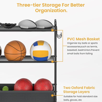 Basketball Rack 3-Shelf Training Stand, Garage Sports Equipment Organizer - Rolling Ball Storage Rack with Wheels, Ball Racks for Basketball, Soccer, Basketball Racks Ball Cart with Hooks.