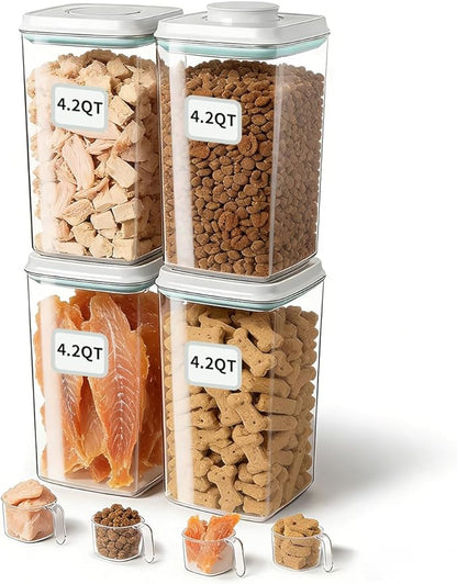 Dog Food Storage System with One-Touch Lid, (4 ×4.22 QT / 4.0 L) Best Value BPA-Free Cat Food Storage Container，Stackable Durable PET with 130ml Scoop, for Complete Kibble & Supply Organization