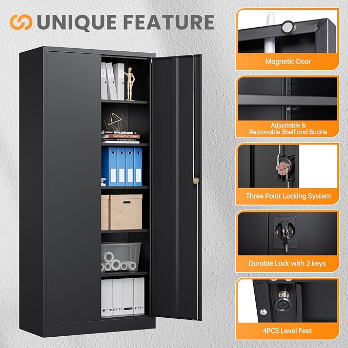 Metal Garage Storage Cabinets with Lock, 71" Tall Tool Cabinet with 2 Door and 5 Adjustable Shelves, Locking Garage Cabinets and Lockable Steel Locker for Home Office Warehouse - (Black-71”H)