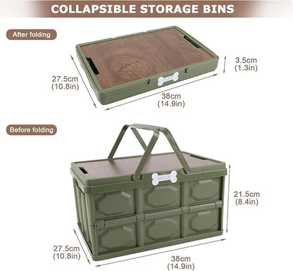 Outdoor Dog Toy Bin wtih Handles,Collapsible Dog Stuff Organizer Portable,Pet Storage Basket with Wood Cover for Dog Toys/Snack/Camping Essentials,Ideal for Car Trunk,RV Trip,Picnic-Green