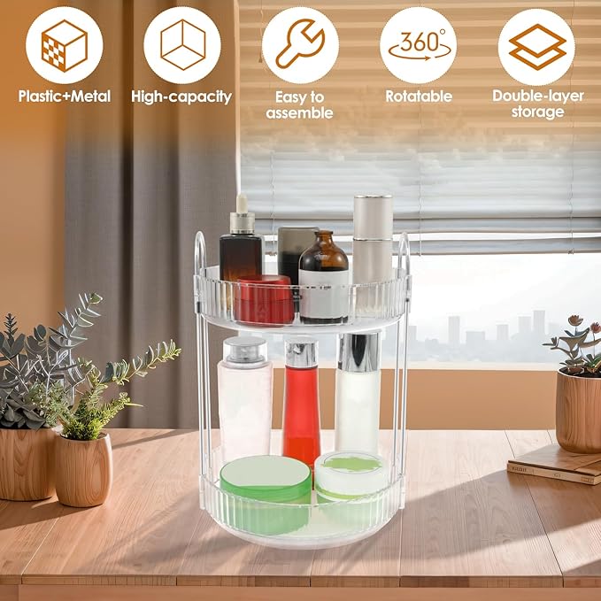 360° Rotating Bathroom Countertop Organizer, 2-Tier Makeup Organizer, Multi-Function Skincare Organizer, Large Capacity Rotating Cosmetic Organizer, Rotating Vanity Organizer for Countertop (1)