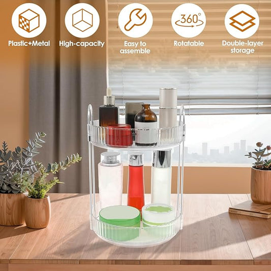 360° Rotating Bathroom Countertop Organizer, 2-Tier Makeup Organizer, Multi-Function Skincare Organizer, Large Capacity Rotating Cosmetic Organizer, Rotating Vanity Organizer for Countertop (1)