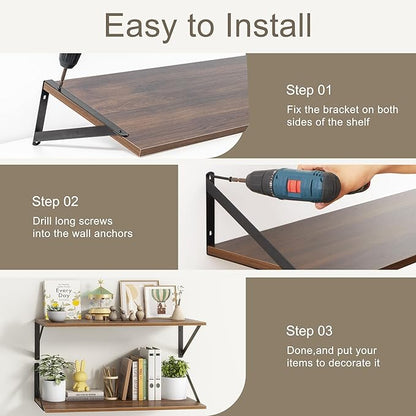 Fun Memories 40 Inch Floating Shelves, 12 Inch Deep Wall Shelf, 40 x 12 Floating Shelf Set of 2, Wood Floating Shelf Wall Mounted, Large Kitchen Living Room Bedroom Storage Shelves, Walnut