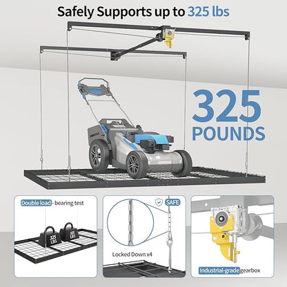 Overhead Garage Storage Rack – 4x8 FT Garage Ceiling Storage Racks with Safety Lock, Heavy-Duty Ceiling Mounted Lift System and Storage Organizer, Ideal for Maximizing Overhead Space, 325 lbs Capacity