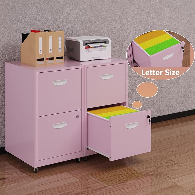 2 Drawer Rolling File Cabinet on Wheels, Mobile Two Drawer Filing Cabinet with Lock, Small Files Cabinets for Under Desk, Metal Filing Cabinets for Letter Size Folders, Pink - Assembly Required