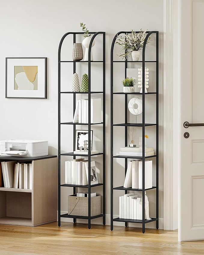 Bookshelf Narrow Bookcase, Tall Storage Rack with Steel Frame, Display Standing Shelf Unit, Skinny Book Shelf for Study Living Room Home Office, Industrial Style, 6-Tier Black BC56004B