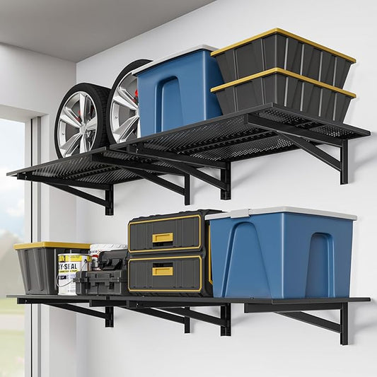 4 Pack Heavy Duty Garage Wall Shelving (2x3ft), 1400lbs Capacity Garage Shelving Wall Mounted, 24"x72"Garage Storage Rack Floating Shelves, Black