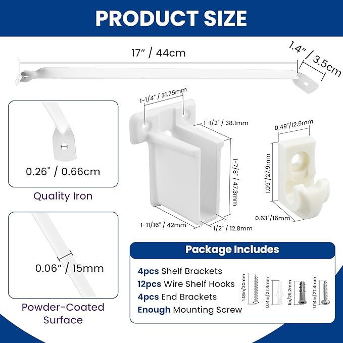 12 Inch Wire Shelf Support Brackets Kit, Includes 12 Wire Shelf Clips and 4 End Brackets, 24 Screws and 24 Expansion Tubes for Support Shelves, Closet, Wardrobe, Ledge Installation