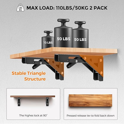 JOY DECOR 6 Inch Heavy Duty Folding Shelf Brackets, 2 Pack (1 Pair) Collapsible Wall Mounted Brackets for Fold Down Table, Stainless Steel Folding Table Hinge, Matte Black