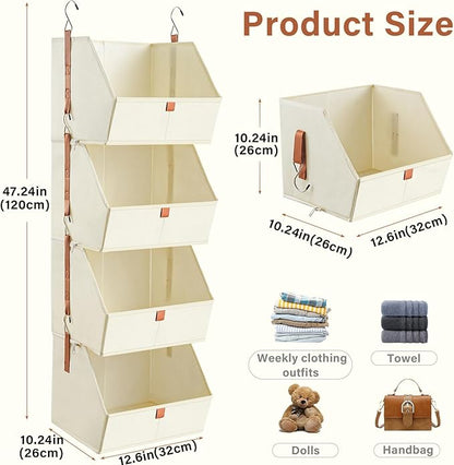 4 Tier Hanging Closet Organizer,Disassemblable Clothes Hanging Shelves,Fabric Closet Organizer System for Space-Saving,Foldable Storage Basket for Bedroom, Rv (2 Pack,Beige)