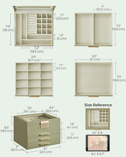 SONGMICS GISELLA Collection - Jewelry Box Organizer, 4-Layer Jewelry Storage with 3 Drawers, Shiny Metal Hardware, Glass Lid, Modern, 8 x 9.1 x 6.5 Inches, Avocado Green and Gold Color UJBC173C02