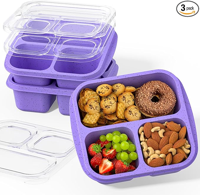 Snack Boxes (3 Pack) - Stackable Bento Boxes with 3 Compartments, Meal Prep Containers Reusable, Lightweight Lunch Containers for Kids and Adults, BPA Free (Purple)