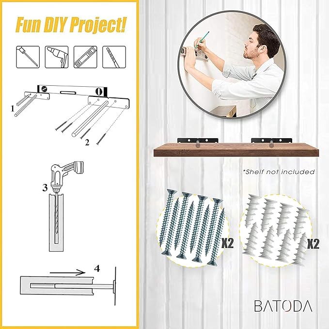 BATODA 6" Floating Shelf Bracket Heavy Duty (4 pcs) – Solid Steel Blind Shelf Supports - Hidden Brackets for Floating Wood Shelves - Blind Shelf Support - Shelving Mounting Hardware Included (Pack 4)