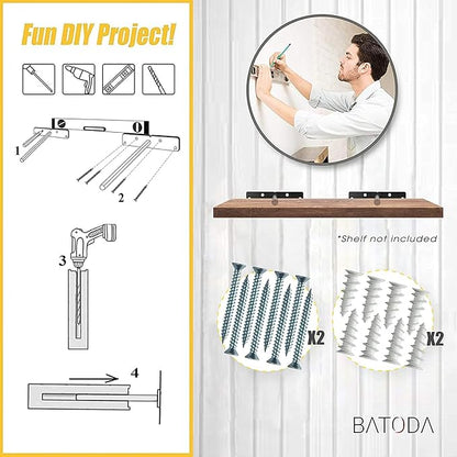 BATODA 6" Floating Shelf Bracket Heavy Duty (4 pcs) – Solid Steel Blind Shelf Supports - Hidden Brackets for Floating Wood Shelves - Blind Shelf Support - Shelving Mounting Hardware Included (Pack 4)