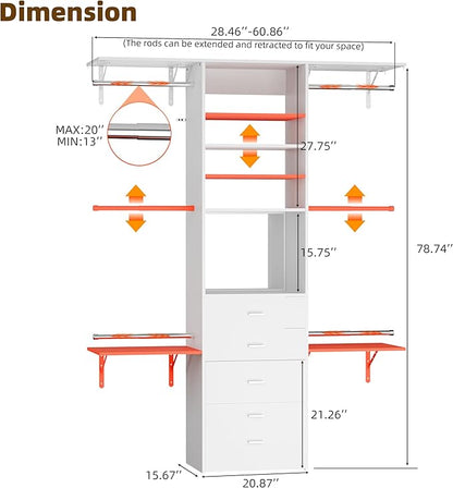 Closet System Set With Concealable Stool, Closet Organizer System With 4 Wood Drawers, Walk-In Closet Storage System, 5 Adjustable Cloth Garment Rack from 3 to 5FT, White