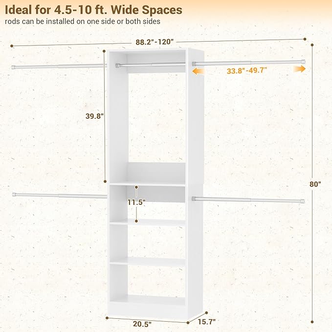 Homieasy White Wooden Closet System, 4.5-10ft Expandable Closet Organizer with 5 Hanging Rods & 4-Tier Shelving Tower, Adjustable Walk-in Reach-in Wardrobe Storage Solution for Bedroom