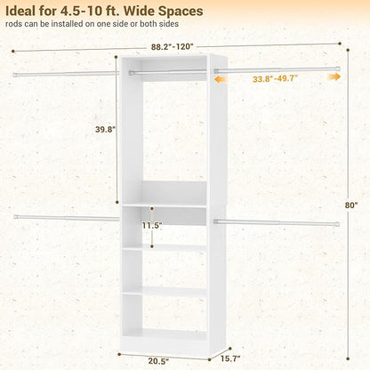 Homieasy White Wooden Closet System, 4.5-10ft Expandable Closet Organizer with 5 Hanging Rods & 4-Tier Shelving Tower, Adjustable Walk-in Reach-in Wardrobe Storage Solution for Bedroom