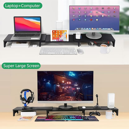 Nnewvante Monitor Stand Riser, 60 inch Large Bamboo Dual Monitor Stand for Desk, 3 Shelves Desktop Screen Riser with Adjustable Length Angle for Computer Laptop PC,Black
