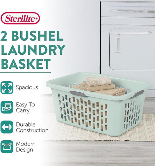 Sterilite 6-Pack 2 Bushel Laundry Basket, Rectangular Plastic Clothes Hamper, Mint - Ventilated Open-Top Utility Wash Bin with 4 Handles and Large Clothing Load Capacity